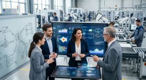 Confident manufacturing executive and consulting team collaborating in modern smart factory with digital dashboards, IoT machinery, and holographic data overlays.