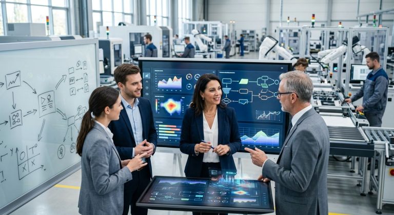 Confident manufacturing executive and consulting team collaborating in modern smart factory with digital dashboards, IoT machinery, and holographic data overlays.