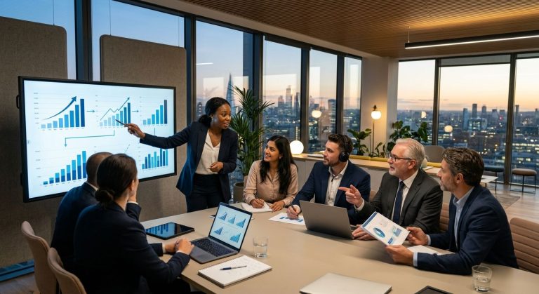 Team of diverse venture capital advisors collaborating on startup funding strategies in modern office with city skyline view