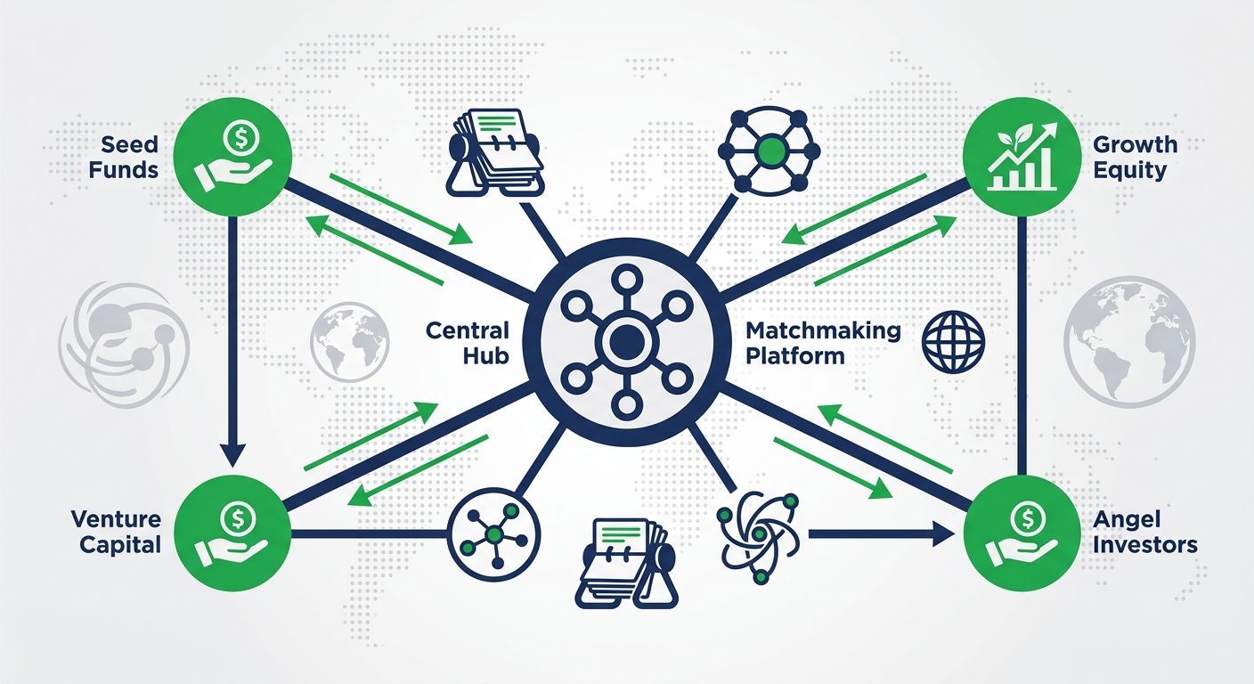 Infographic showing central hub connected to global investor network nodes categorized by seed funds, growth equity, LPs with connection icons.