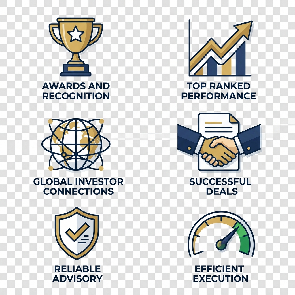 Square grid of six flat modern icons: trophy for awards, graph for performance, globe for network, handshake for deals, shield for reliability, speedometer for efficiency, conveying M&A advisory credibility.