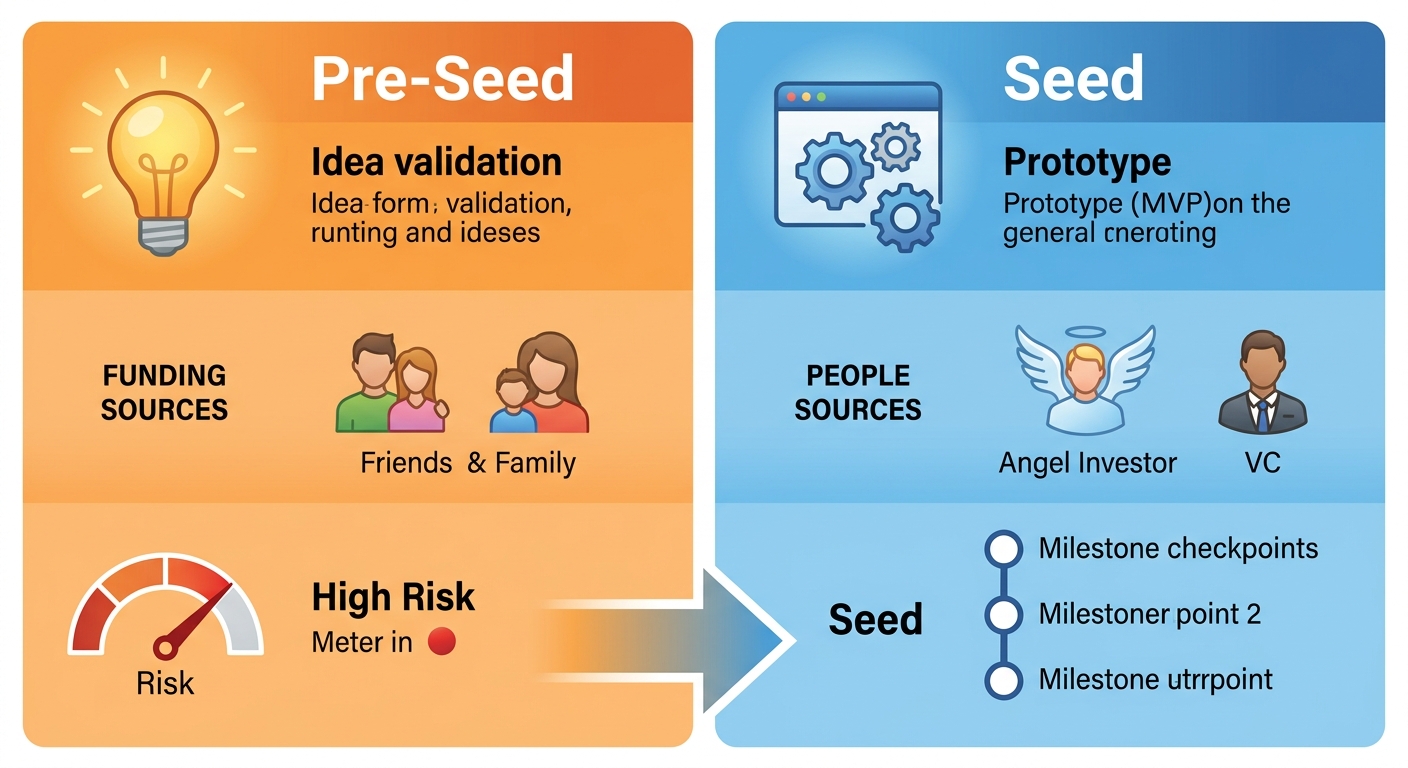 Infographic comparing Pre-Seed and Seed funding stages with icons for key traits and progression arrow