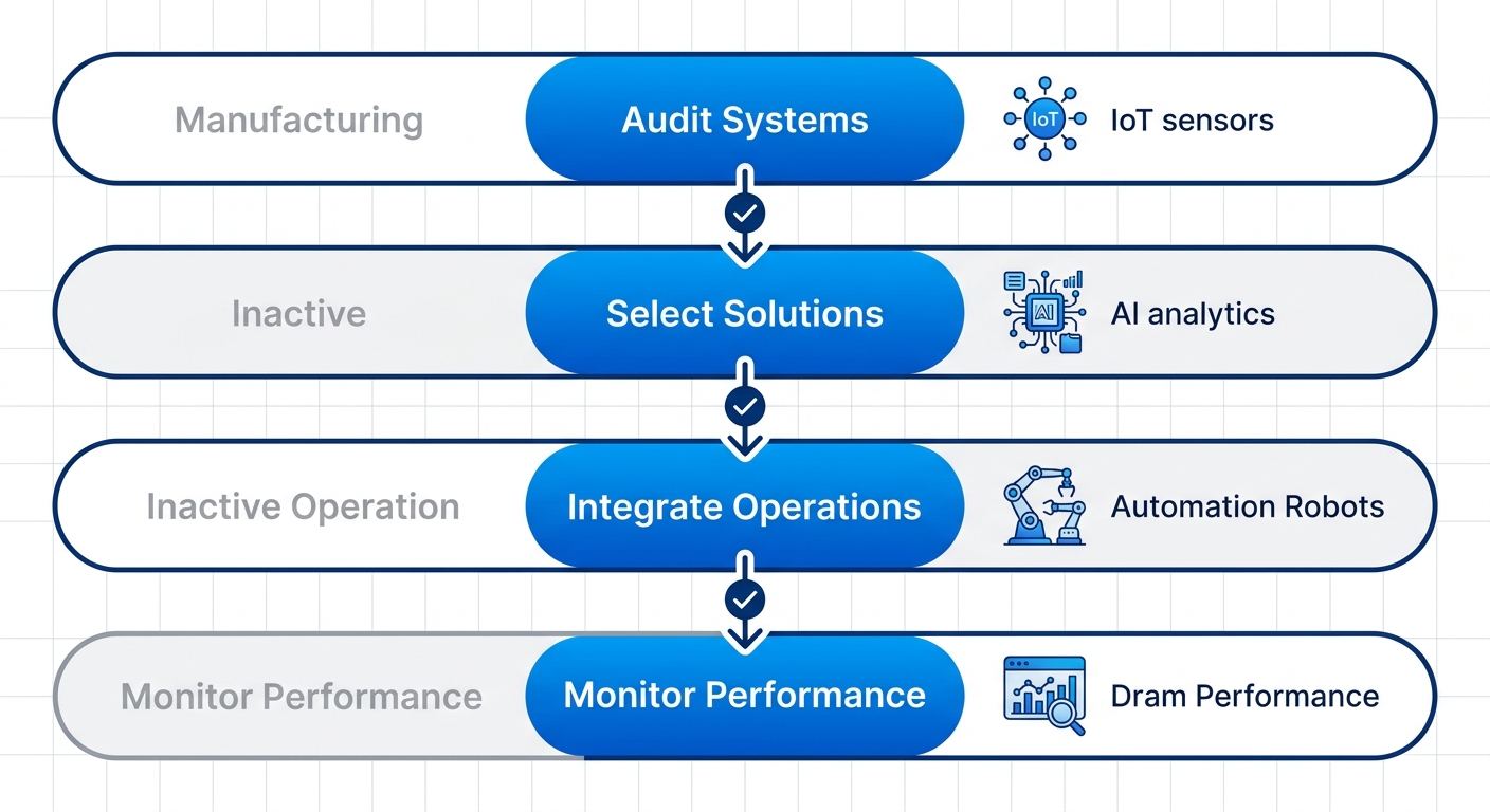 Vertical process flow diagram illustrating four-step roadmap for smart technology adoption in manufacturing: audit systems, select solutions, integrate operations, monitor performance.