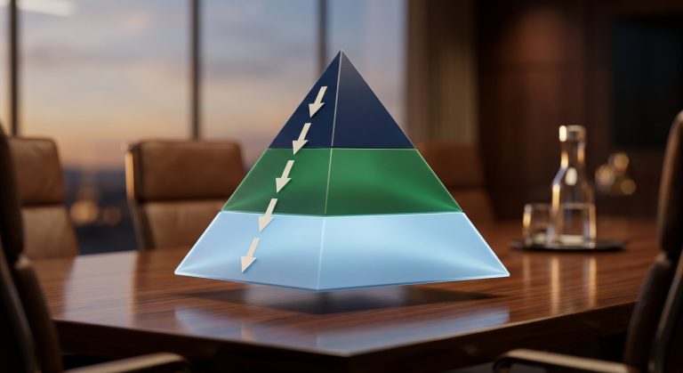 Professional corporate photograph of a three-tier capital stack pyramid with dark navy, green, and blue bands floating above a glossy boardroom table, no text present