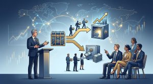 Professional financial illustration of a private equity continuation fund structure, with GP presenting cash-out or rollover options to LPs, navy blue and gold color scheme, subtle financial graphs and globe in background.