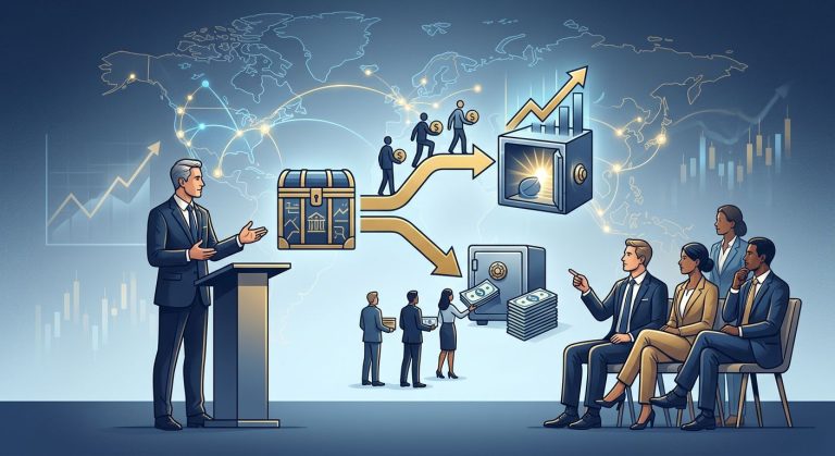 Professional financial illustration of a private equity continuation fund structure, with GP presenting cash-out or rollover options to LPs, navy blue and gold color scheme, subtle financial graphs and globe in background.
