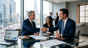 Two business professionals shaking hands during a strategic M&A meeting in a modern glass-walled conference room with city skyline background.