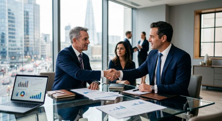 Two business professionals shaking hands during a strategic M&A meeting in a modern glass-walled conference room with city skyline background.