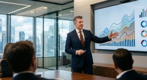 Financial advisor presenting NAV financing report on large screen in modern private equity office with city skyline view.