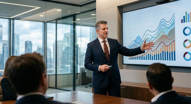 Financial advisor presenting NAV financing report on large screen in modern private equity office with city skyline view.