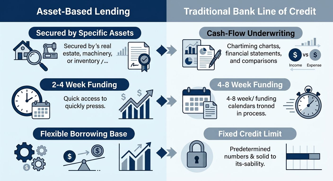 Comparison infographic of asset-based lending versus traditional bank line of credit highlighting differences in security, funding timeline, and flexibility