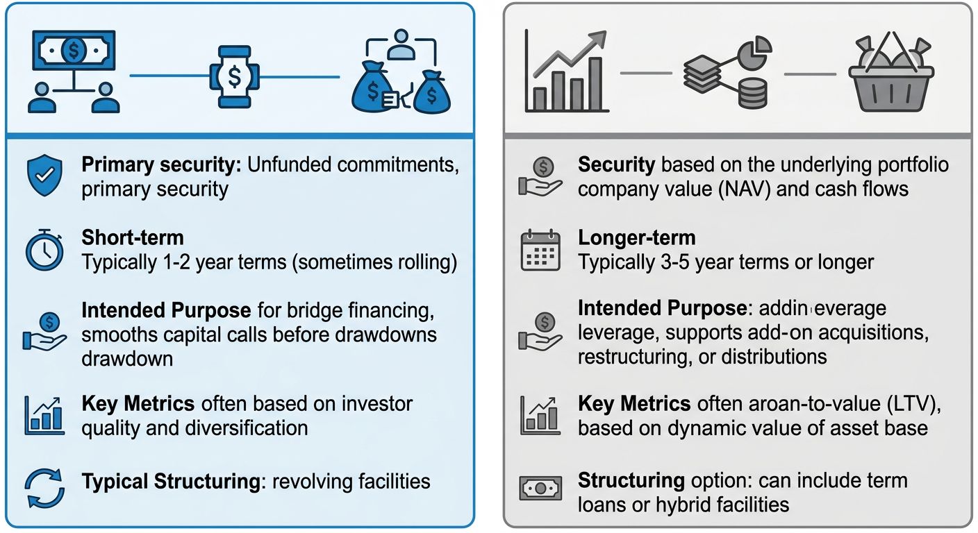 Two-column comparison infographic contrasting subscription line financing with NAV financing terms.