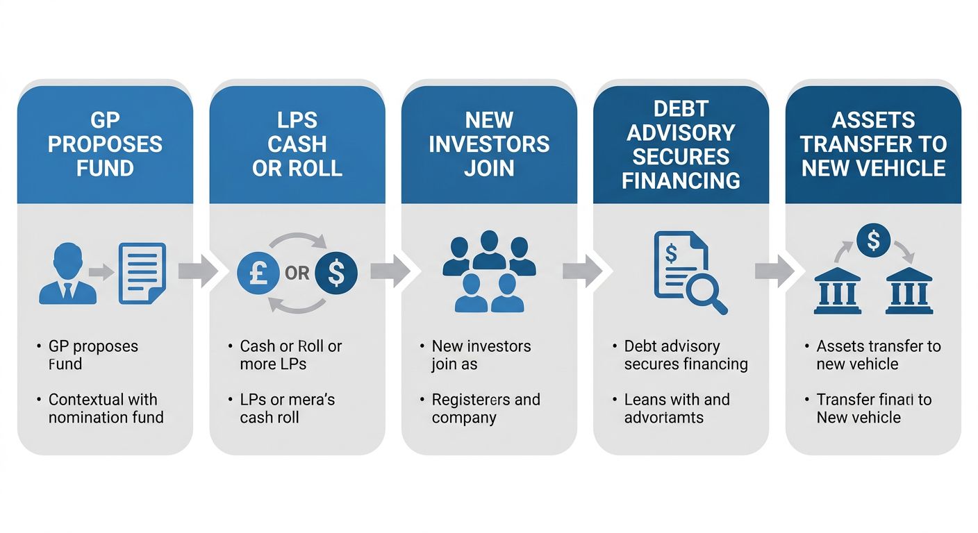 Flowchart of a GP-led continuation fund transaction with five connected stages in a professional blue and gray palette