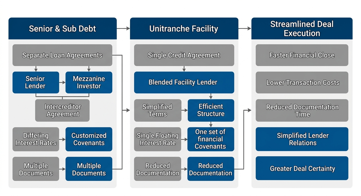 Horizontal process-flow diagram with three connected boxes labeled Senior & Sub Debt, Unitranche Facility, and Streamlined Deal Execution, using blue and gray colors.