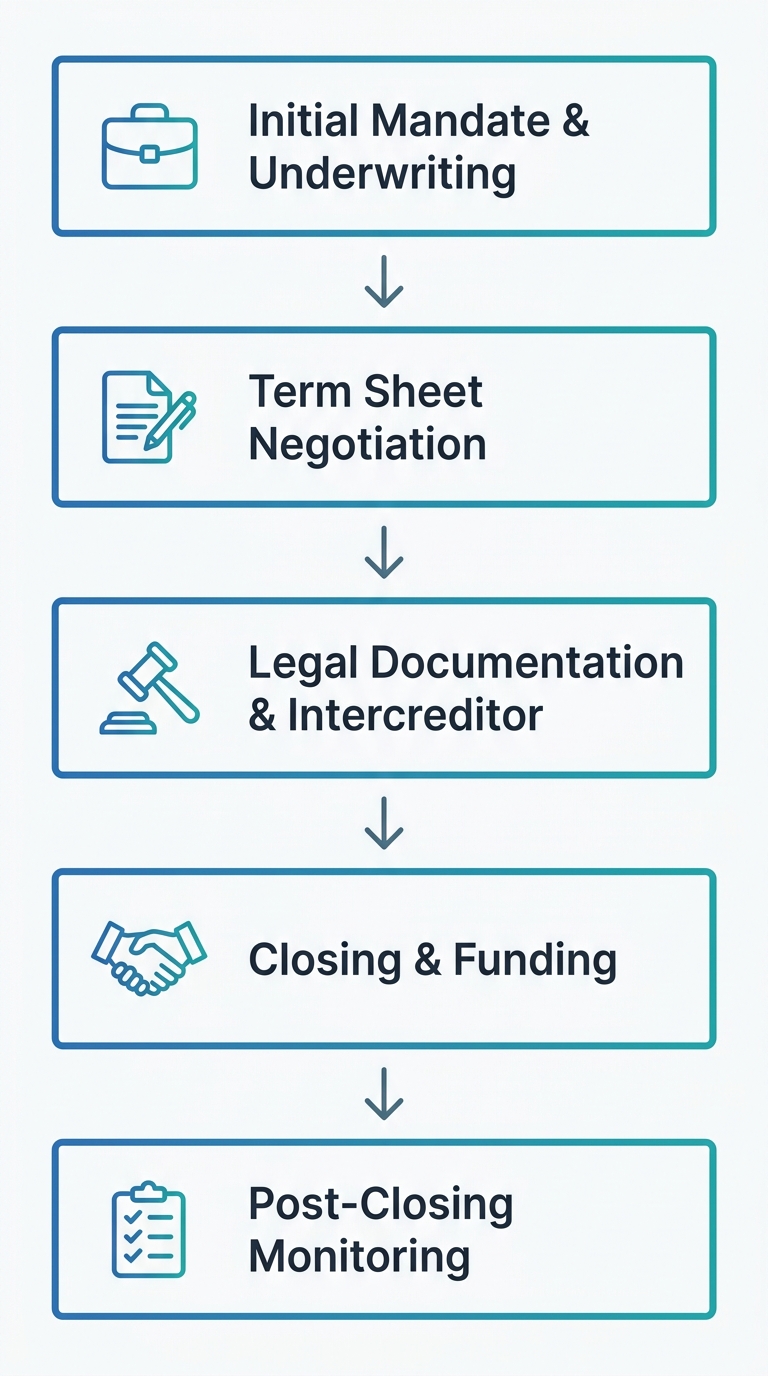 Diagram showing five stages of a mezzanine financing evaluation process from initial mandate to post-closing monitoring with downward arrows connecting each stage