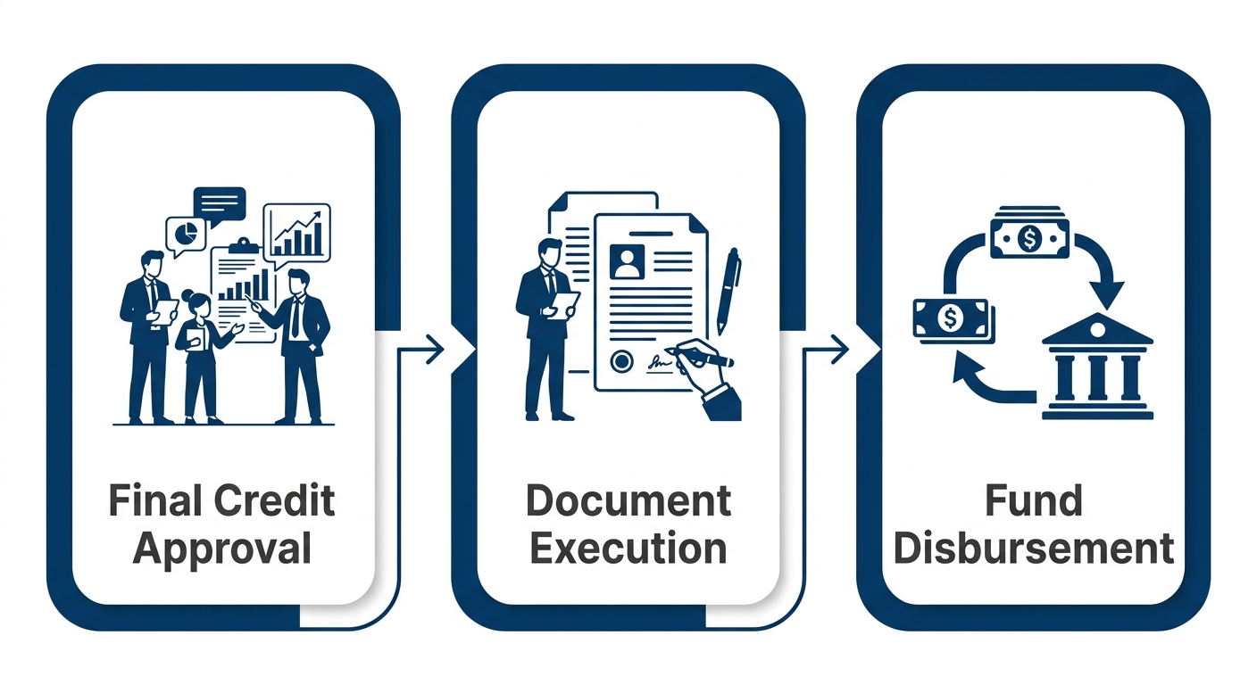 Three-stage horizontal process flow diagram for venture debt closing: Final Credit Approval to Document Execution to Fund Disbursement, with professional icons and blue color scheme.