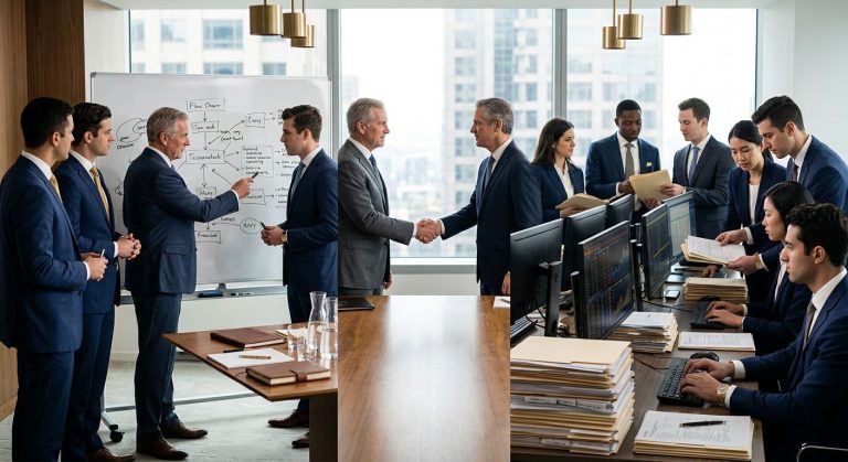 Two contrasting investment banking teams—a small boutique group with a whiteboard on the left and a larger bulge bracket team with monitors on the right—joined by a central handshake symbolizing the advisory selection process.