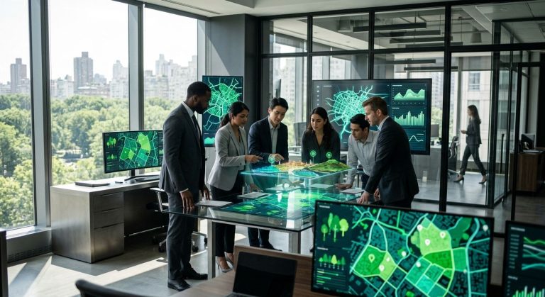 Professional photograph of a diverse team in a modern investment office viewing interactive 3D urban forest models on digital screens with tree risk assessment maps and climate-resilient canopy data displayed.