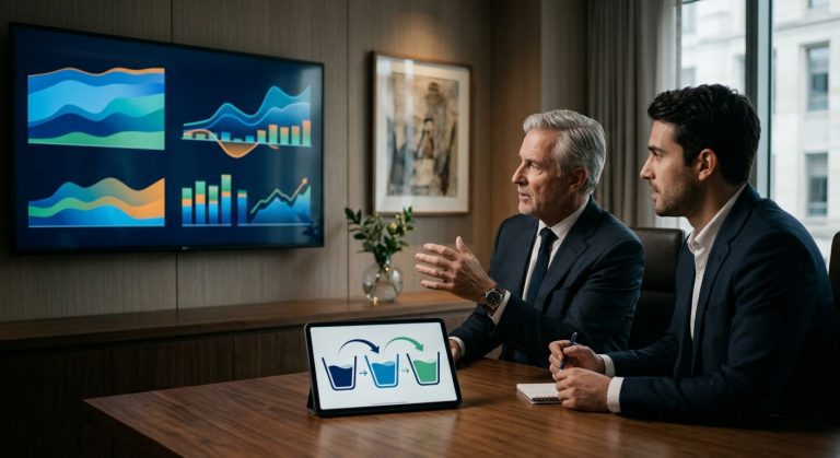 Senior wealth strategist and client reviewing liquidity dashboard in modern family office treasury workspace
