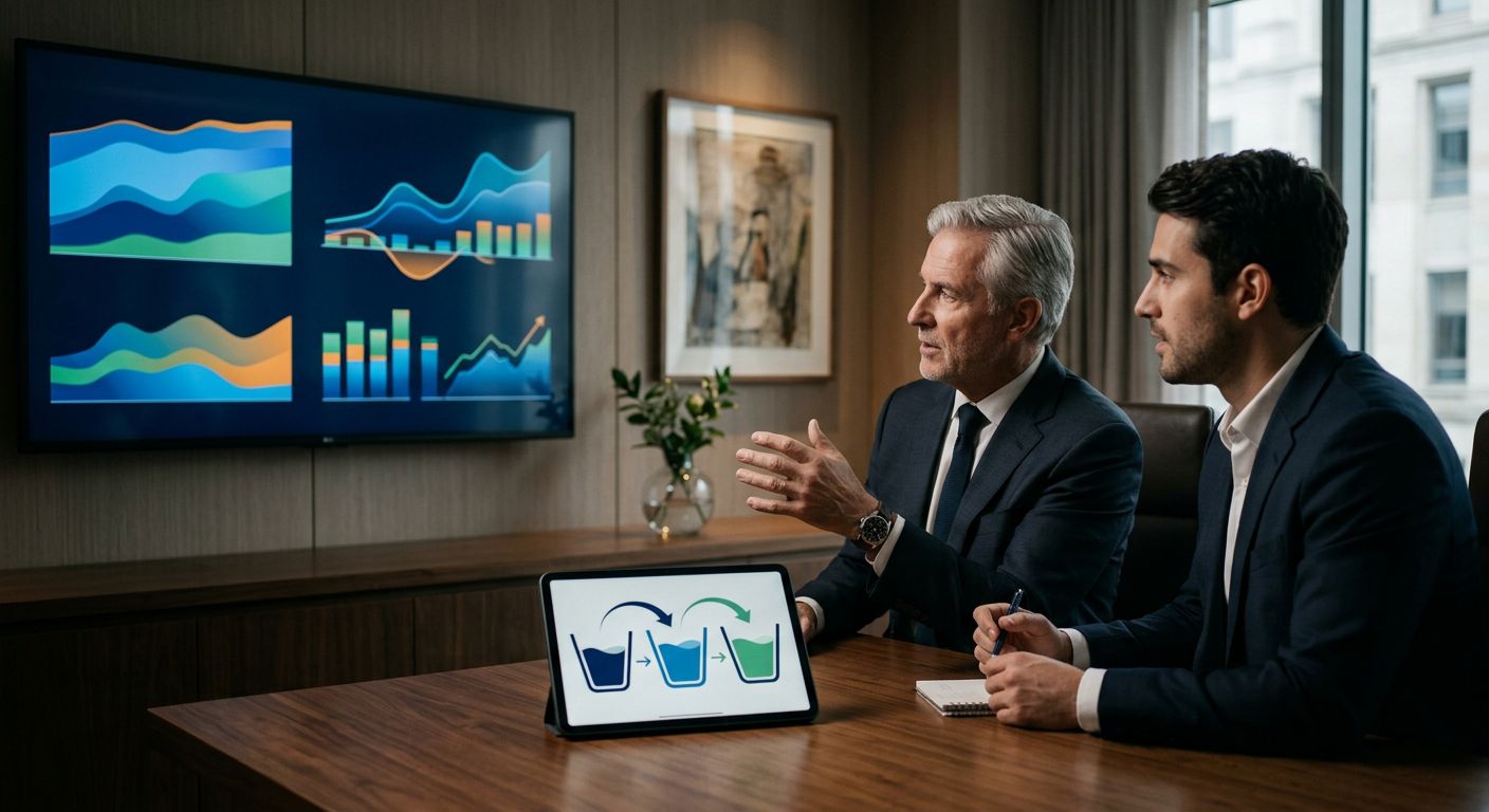 Senior wealth strategist and client reviewing liquidity dashboard in modern family office treasury workspace