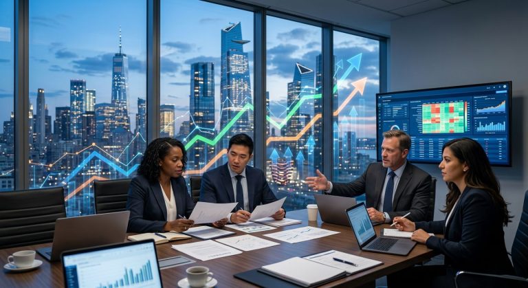 Diverse team of business advisors in a modern boardroom examining deal documents and digital screens with global M&A market data, financial district skyline visible through large windows
