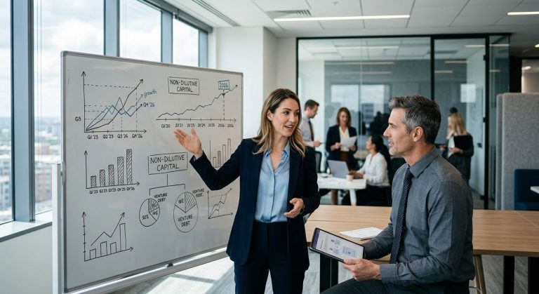 Scaleup founder and financial advisor discussing venture debt opportunities in a modern office with growth charts and capital structure diagram.
