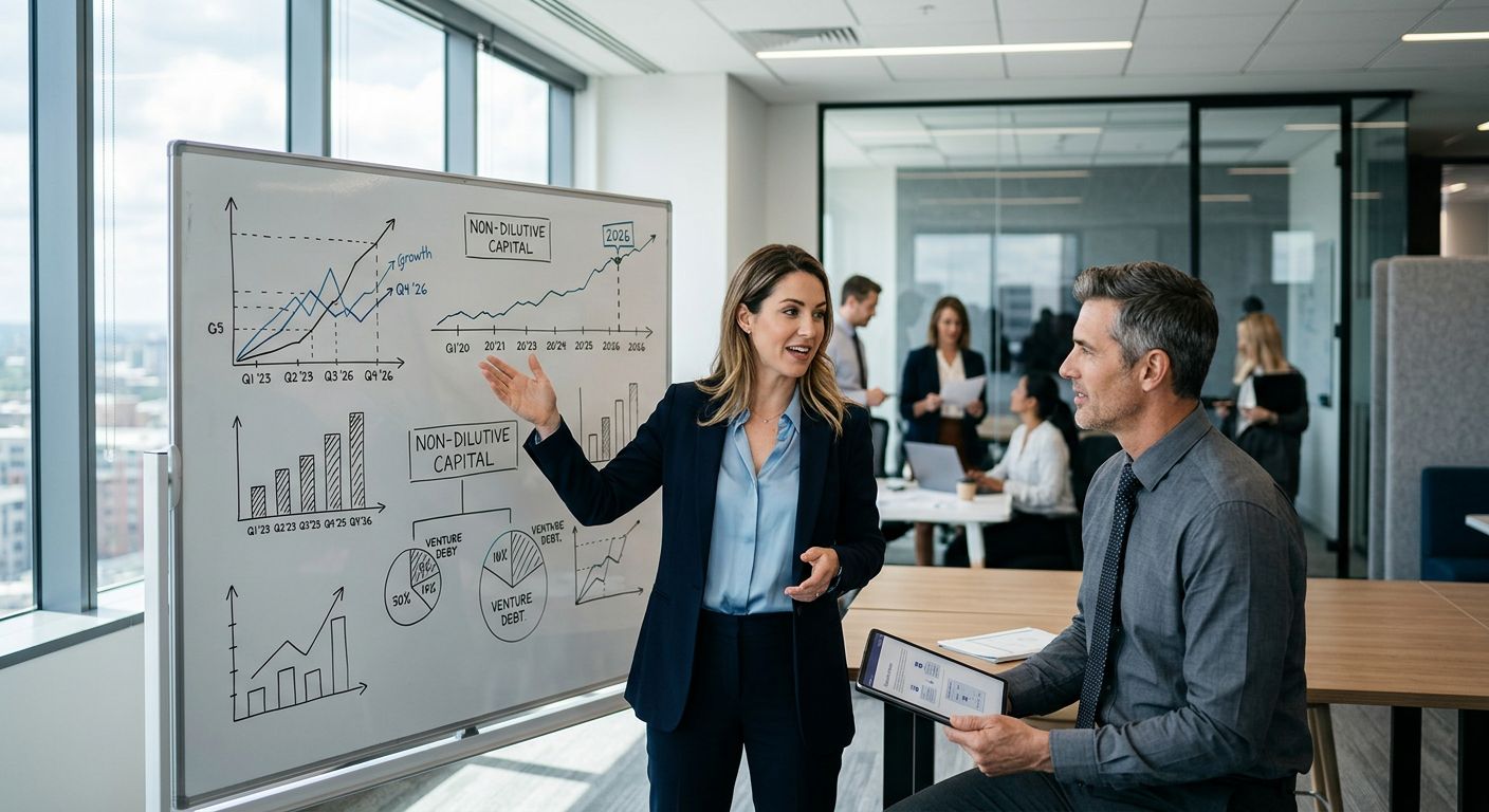 Scaleup founder and financial advisor discussing venture debt opportunities in a modern office with growth charts and capital structure diagram.