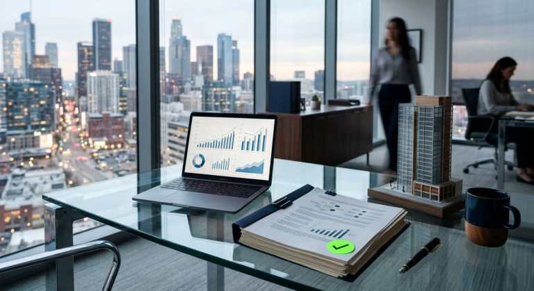 Modern corporate office desk with laptop displaying growth charts and documents with asset-based lending terms, city skyline backdrop, model building and green checkmark sticker.