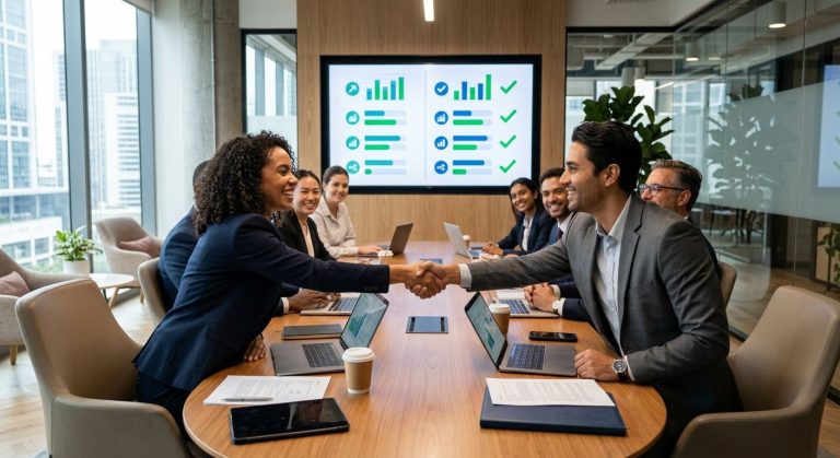 Professional photograph of a diverse business team and financial advisors in a modern boardroom, viewing a comparison screen and shaking hands in a collaborative atmosphere.