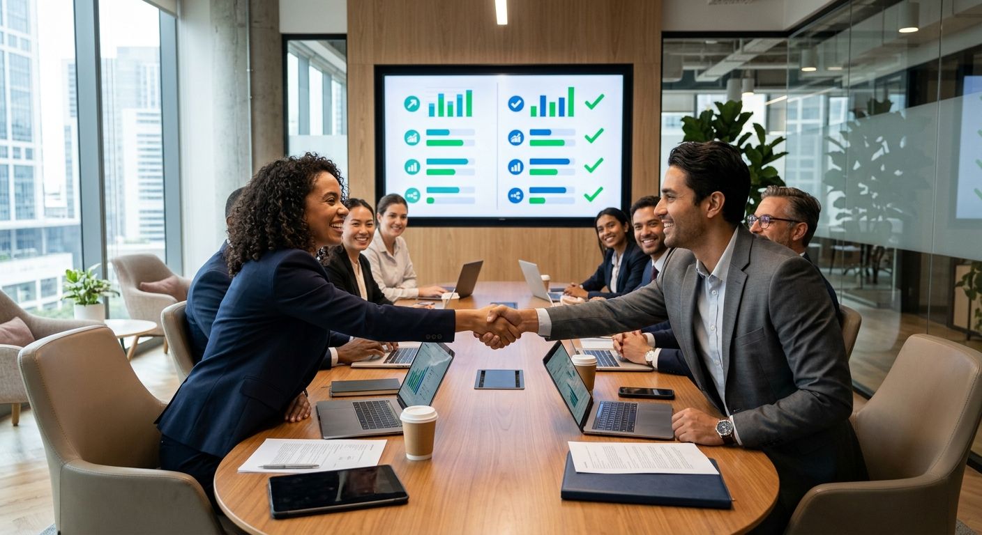Professional photograph of a diverse business team and financial advisors in a modern boardroom, viewing a comparison screen and shaking hands in a collaborative atmosphere.