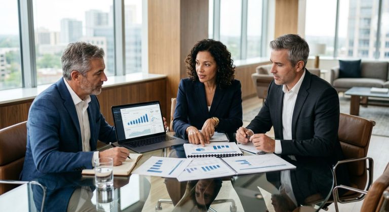 Two M&A advisors and a business owner reviewing quality of earnings reports and financial charts around a glass conference table in a modern office with natural light.