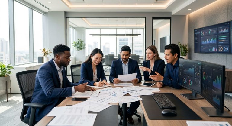 A diverse team of bankers and analysts collaborating in a modern boutique investment banking office with dual monitors and natural light
