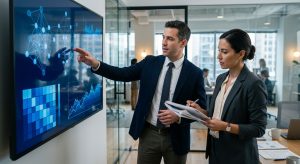 Two M&A analysts in a glass-walled office analyzing AI data visualizations on a large wall screen, with one pointing and the other reviewing a due diligence report in cool blue light.