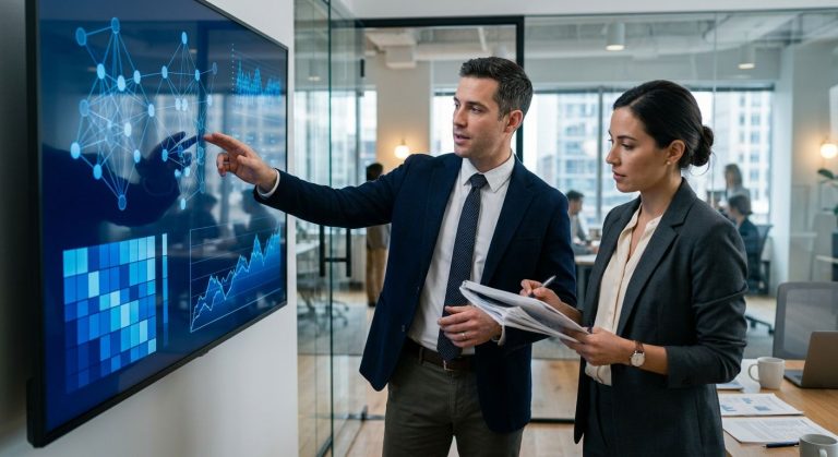 Two M&A analysts in a glass-walled office analyzing AI data visualizations on a large wall screen, with one pointing and the other reviewing a due diligence report in cool blue light.