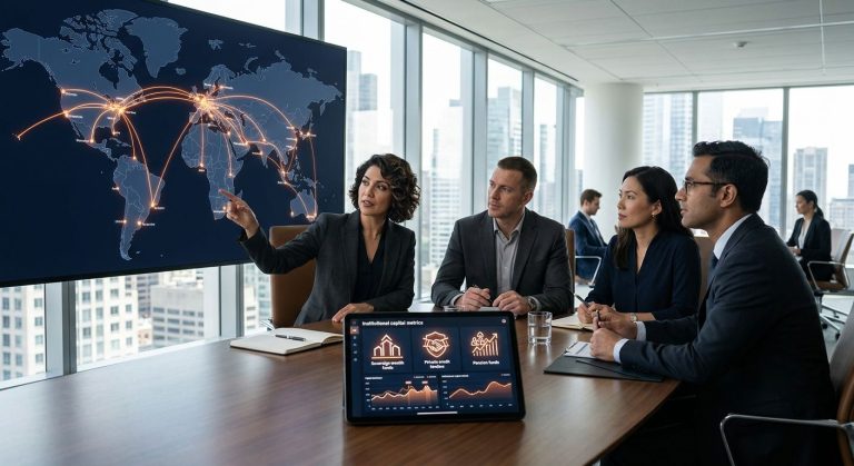 Professional photograph of a modern boardroom with a diverse team of financial advisors discussing global capital strategies around a large illuminated world map and data tablet.