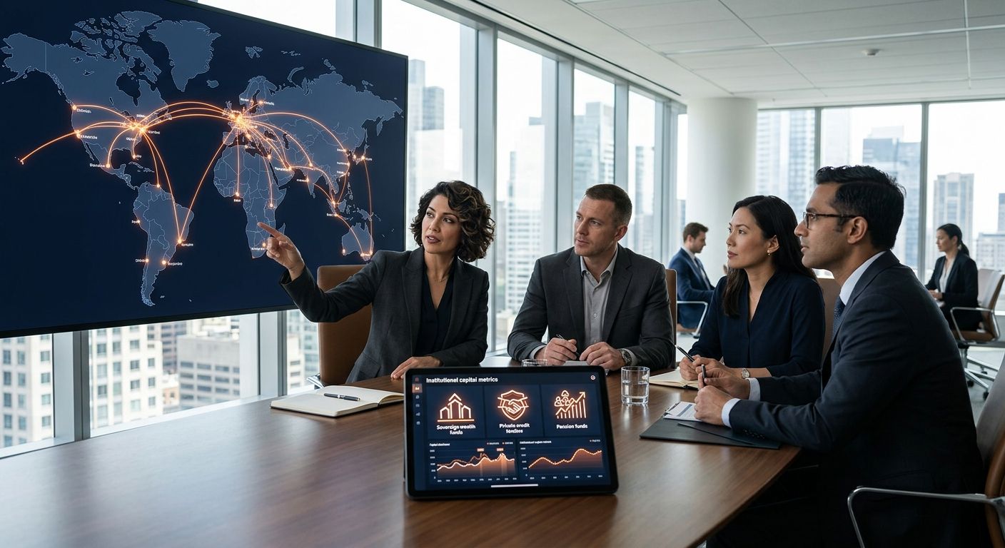 Professional photograph of a modern boardroom with a diverse team of financial advisors discussing global capital strategies around a large illuminated world map and data tablet.