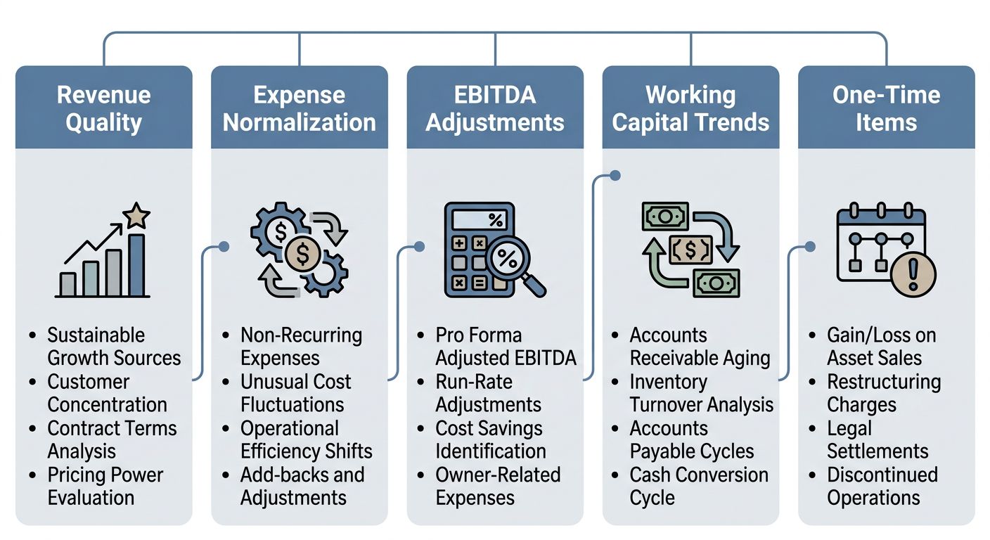 Infographic with five columns representing core areas of a quality of earnings analysis: Revenue Quality, Expense Normalization, EBITDA Adjustments, Working Capital Trends, and One-Time Items, each with icons and bullet lists on a muted blue and gray palette.