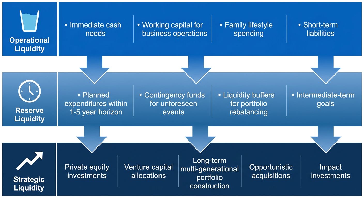 Three-tiered liquidity structure infographic showing operational, reserve, and strategic liquidity buckets with blue gradient arrows