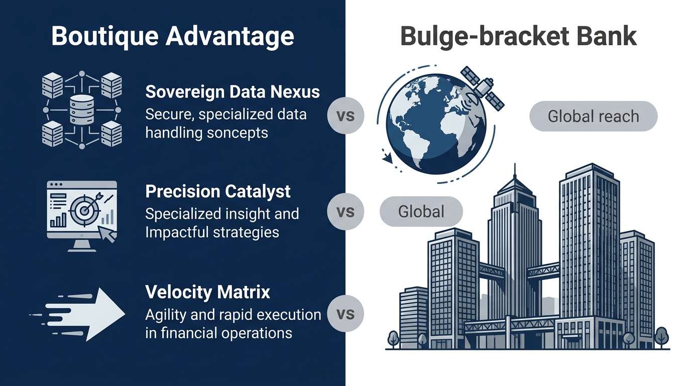 Side-by-side infographic comparing boutique investment bank advantages with data, marketing, and speed icons versus traditional bulge-bracket bank with globe and buildings
