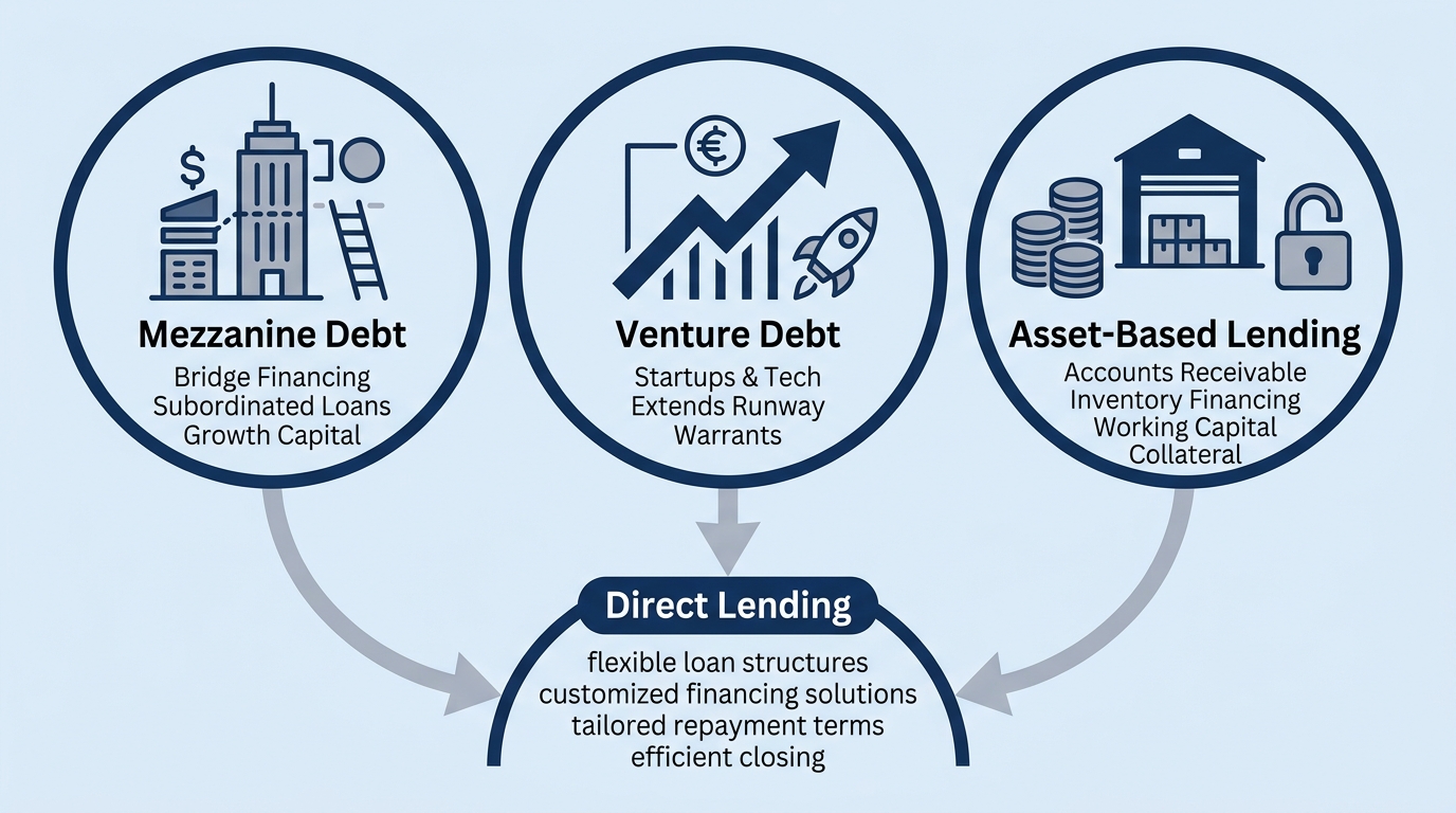 Infographic showing three flexible financing structures: mezzanine debt, venture debt, and asset-based lending connected to a direct lending hub.