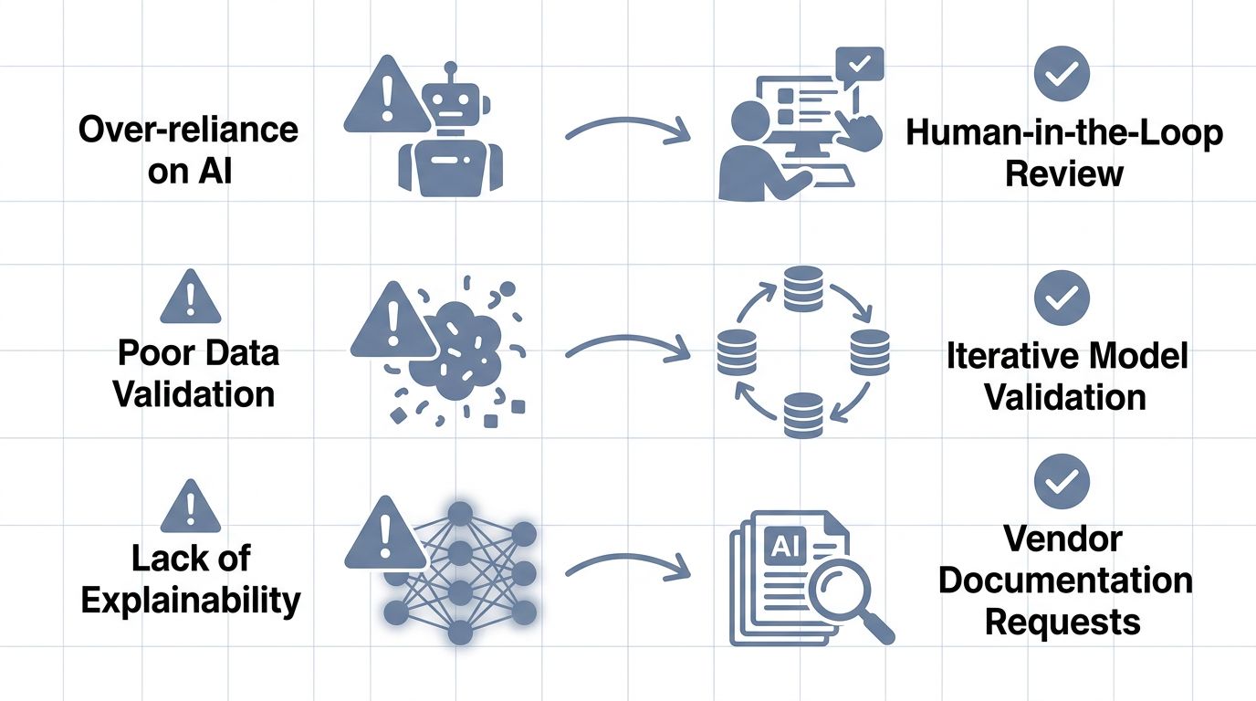 Two-column infographic showing three AI due diligence pitfalls on the left and corresponding troubleshooting actions on the right, connected by arrows, using slate-blue and white colors.