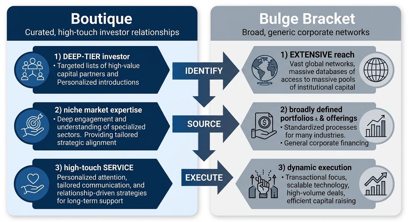 Infographic comparing boutique M&A firm's high-touch investor network against bulge bracket's broad corporate network with deal sourcing funnel stages.