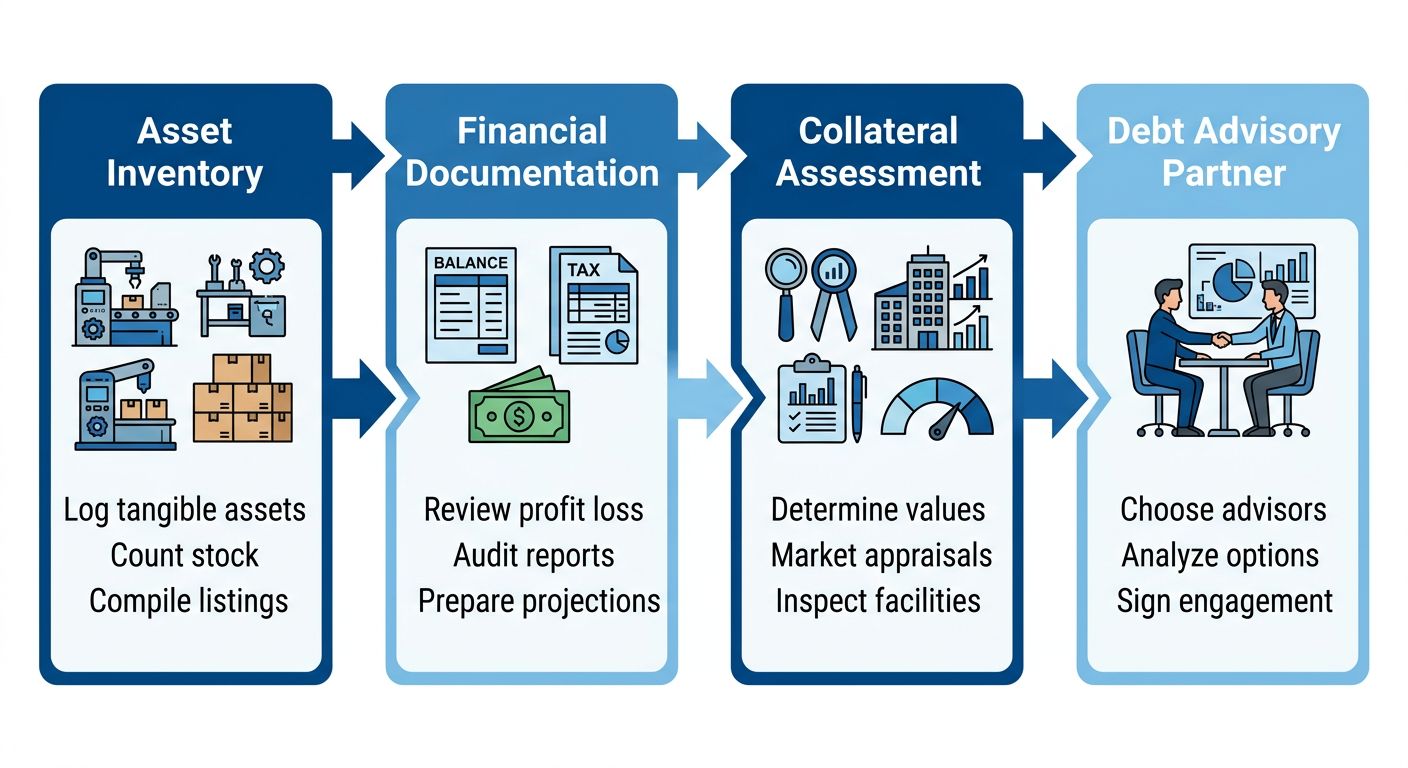 Diagram of four stages for preparing asset-based financing: Asset Inventory, Financial Documentation, Collateral Assessment, and Debt Advisory Partner