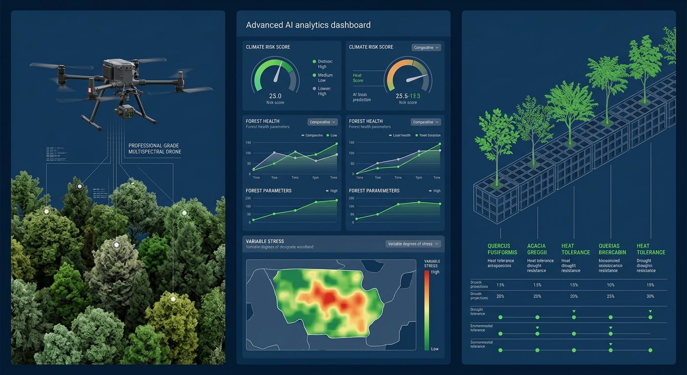 Horizontal infographic with three columns showing drone with multispectral camera over tree canopy, AI risk dashboard, and heat-tolerant tree species