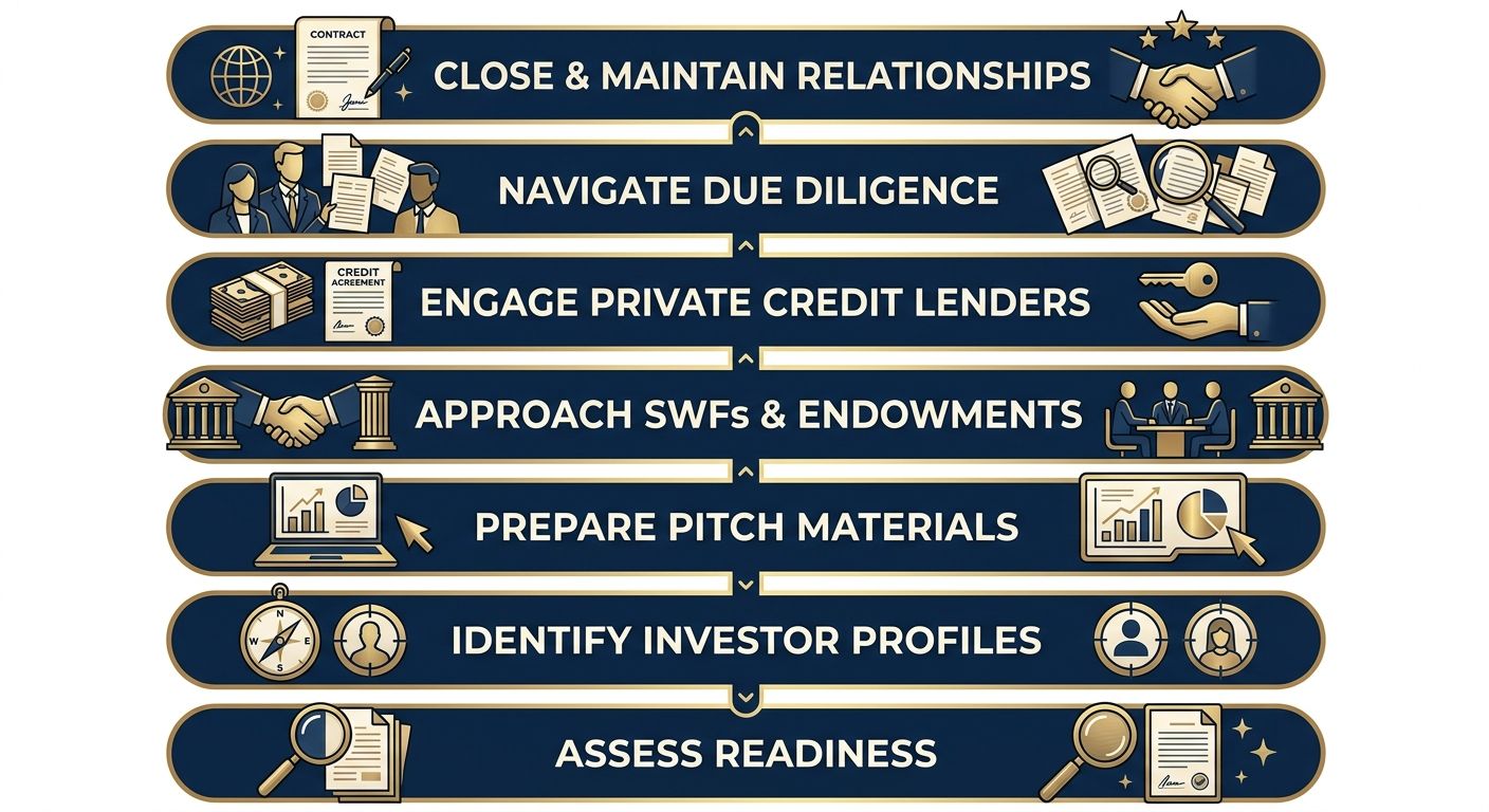 Seven-step capital pathway infographic showing each advisory stage from readiness assessment to deal closing and relationship management.