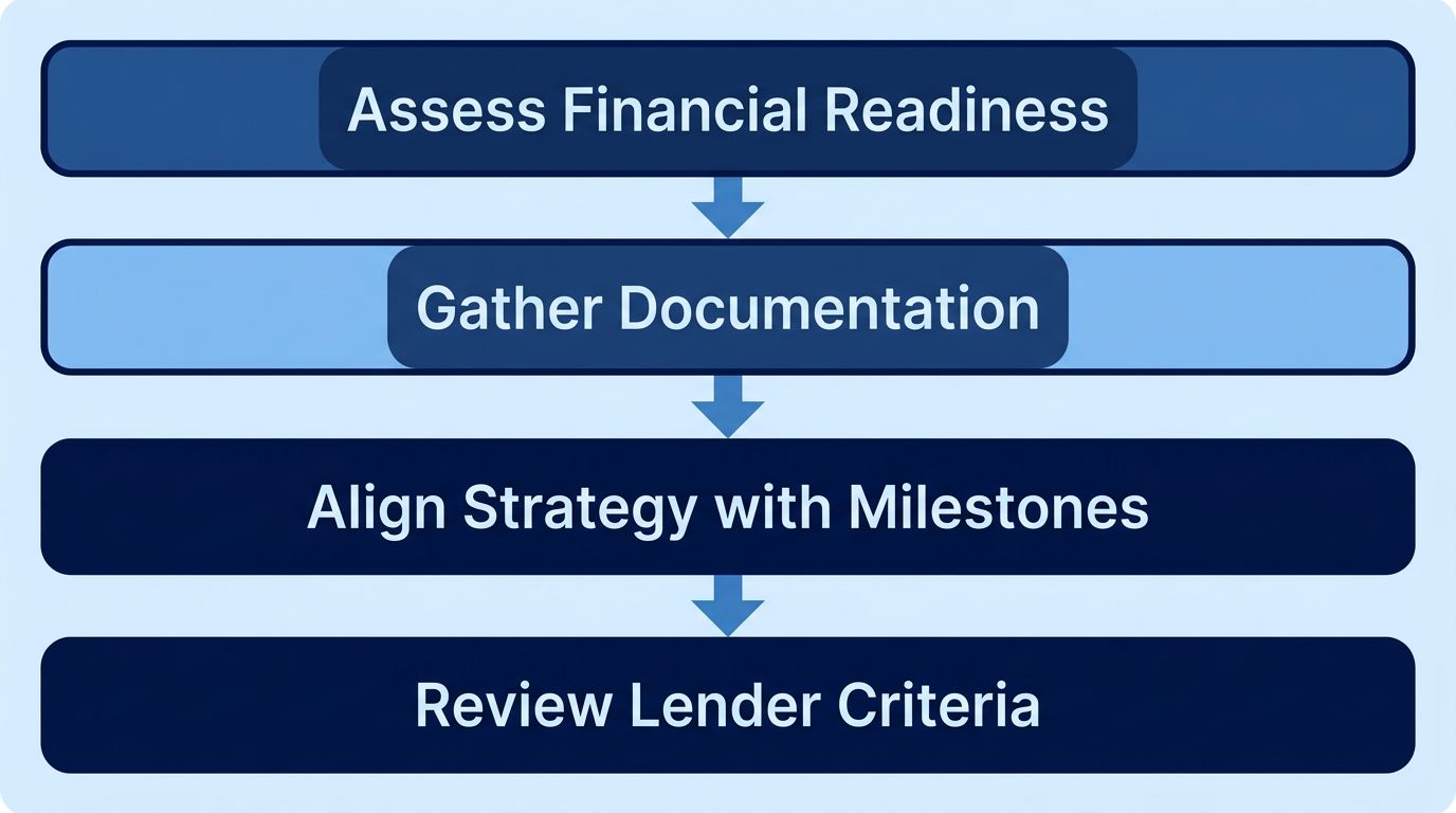 Vertical process flow diagram showing four steps for preparing a venture debt strategy: assess financial readiness, gather documentation, align strategy with milestones, and review lender criteria.