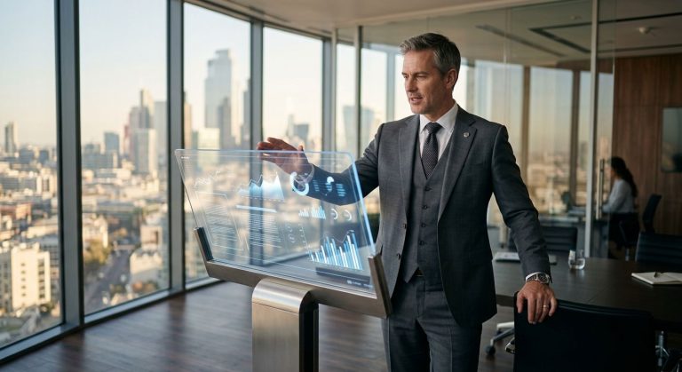 Business executive gesturing toward transparent touchscreen with financial charts in a modern glass office