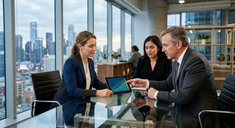 Business owner reviewing acquisition valuation chart with two M&A advisors at a glass conference table in a modern office with cityscape view