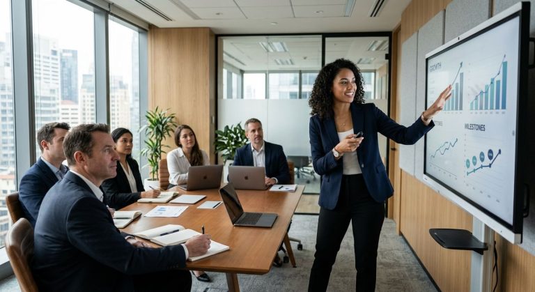 Startup founder presenting growth metrics on a screen to venture capitalists in a modern conference room