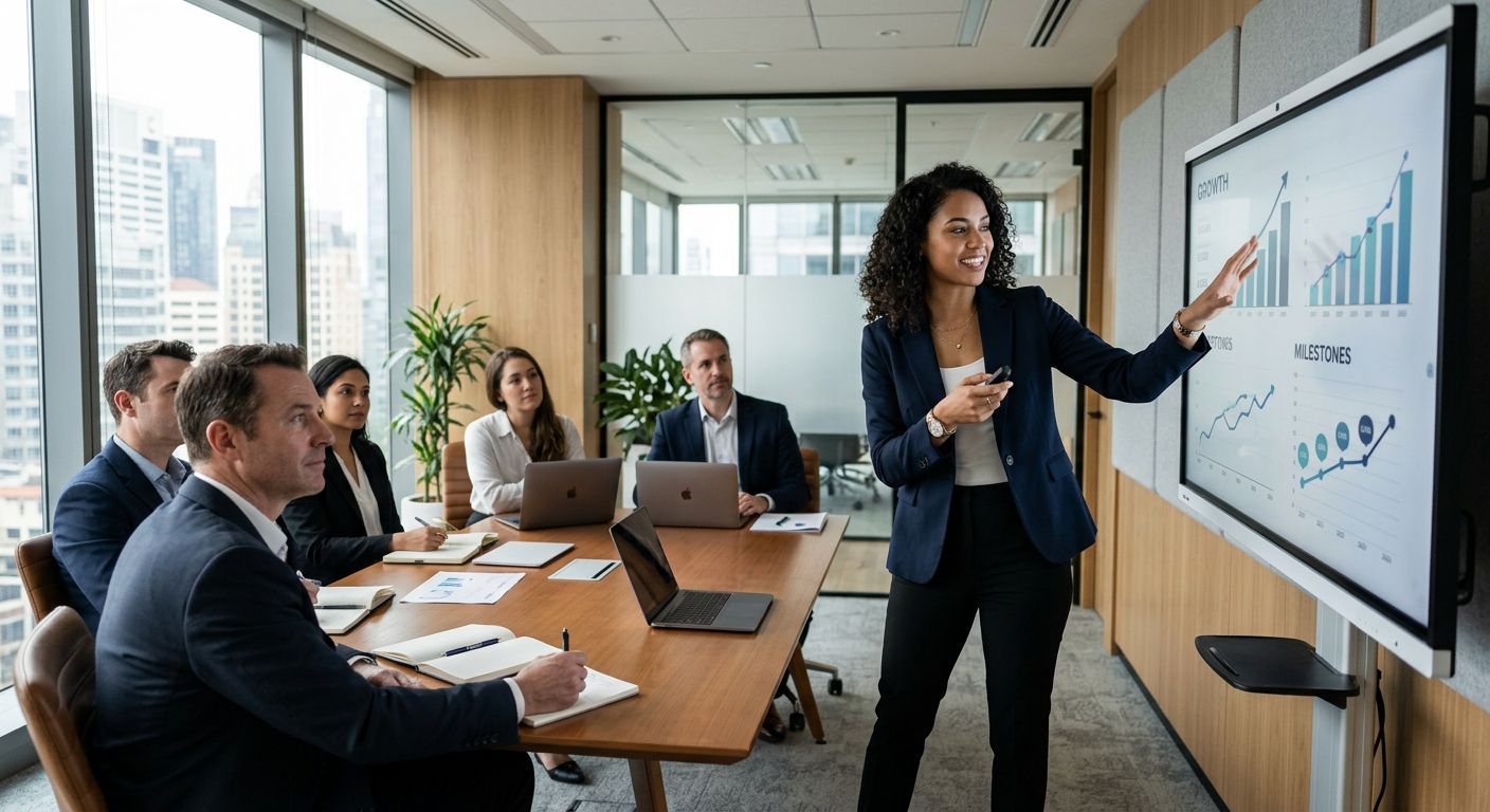 Startup founder presenting growth metrics on a screen to venture capitalists in a modern conference room